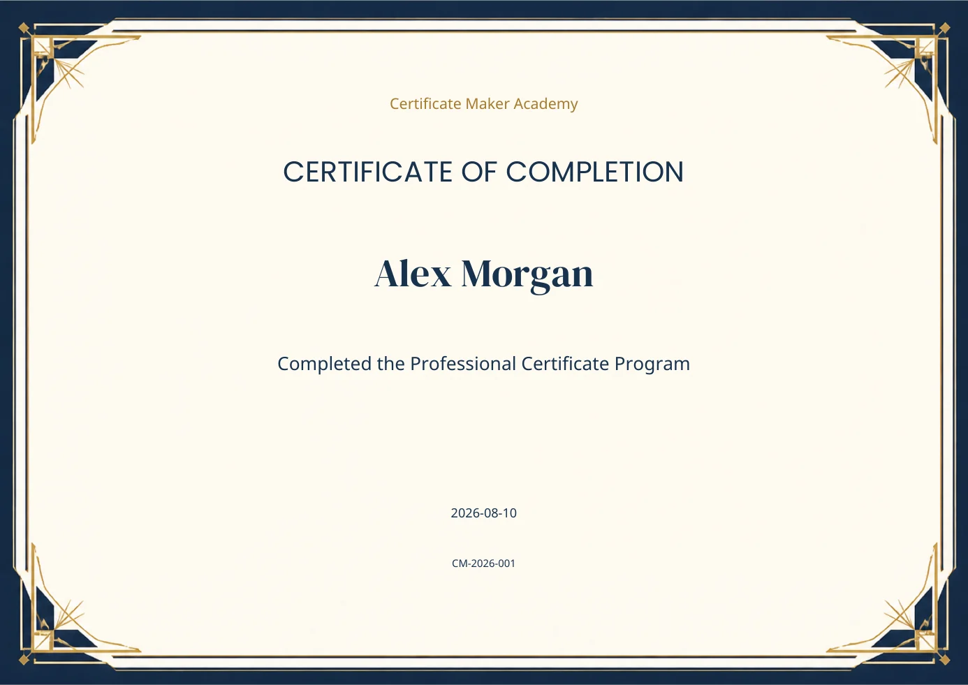 Certificate of completion template with blue and gold details