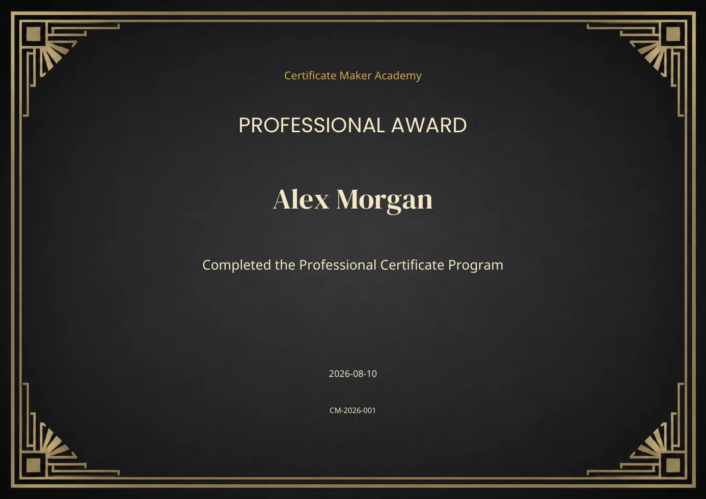 Professional certificate maker example with formal document layout