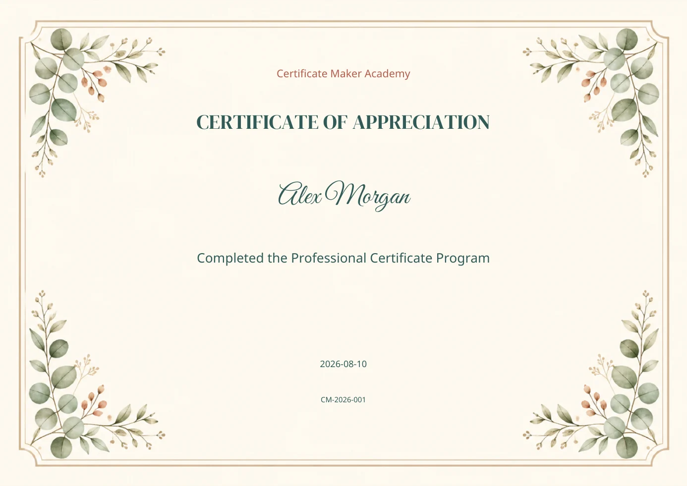 Certificate of appreciation template with warm gold styling