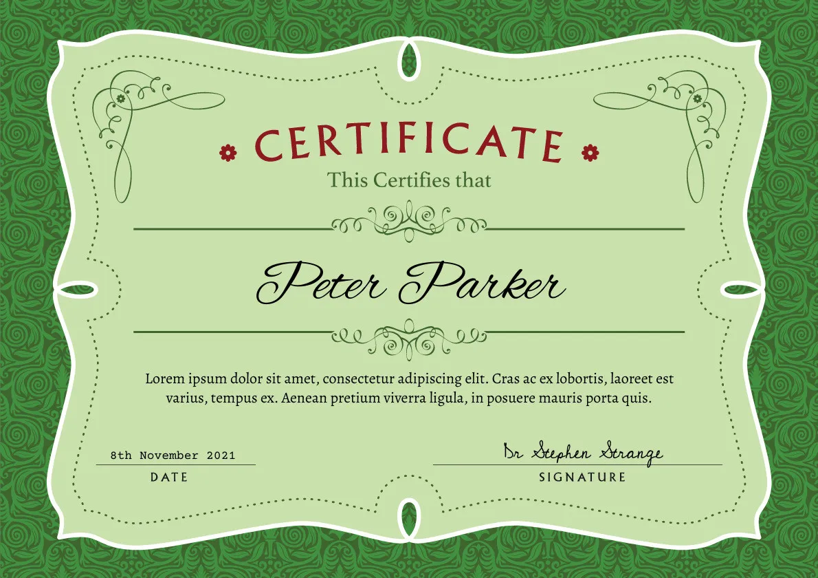 Professional certificate example